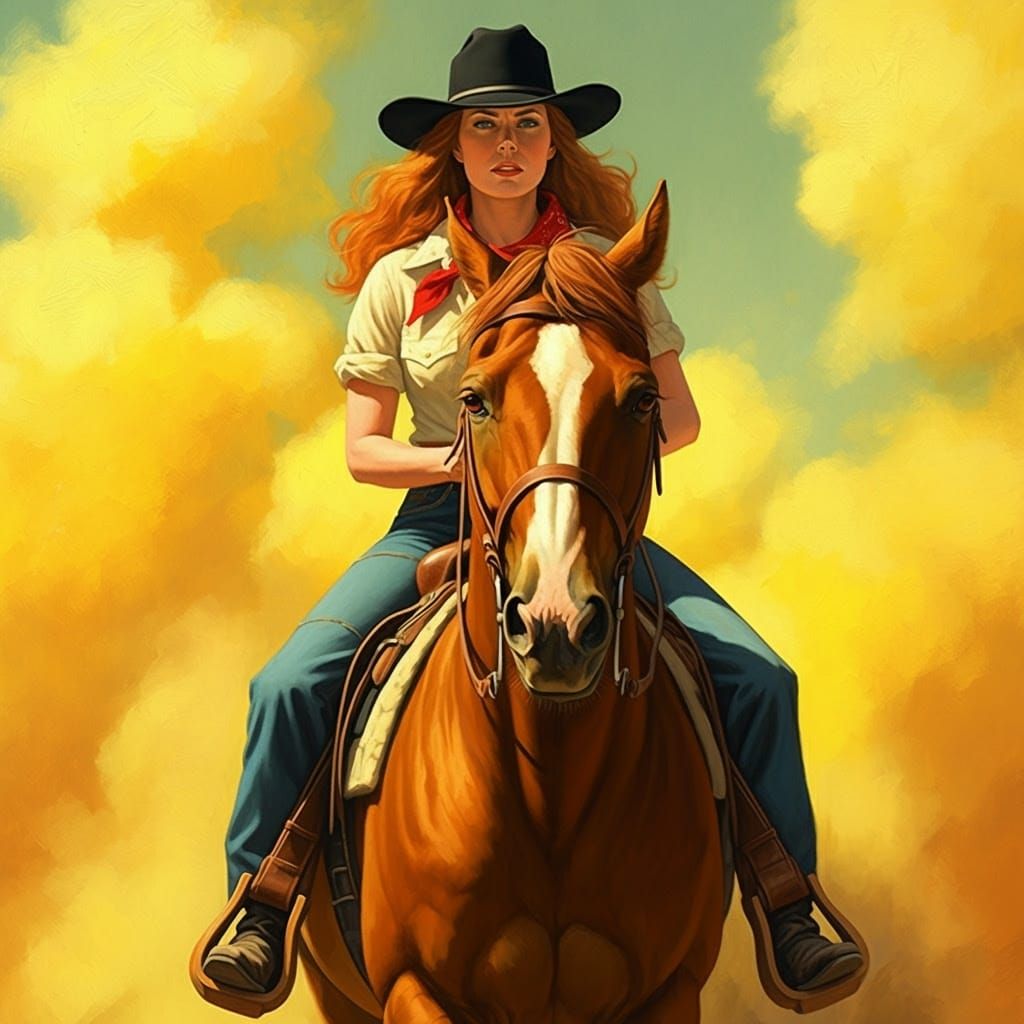 Fierce Cowgirl Rides Roan Horse in Oil Painting