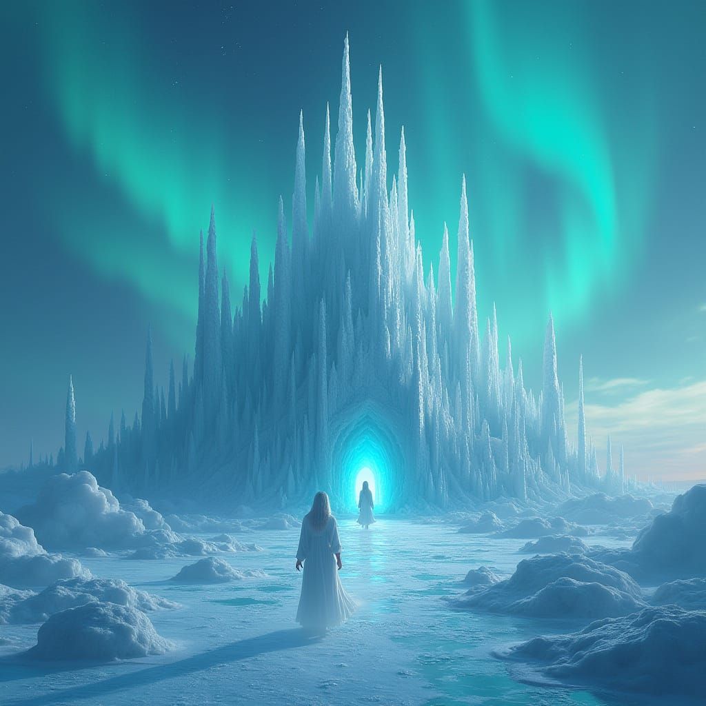 Ethereal Ice Palace Amidst Aurora Borealis in Fantastical St...