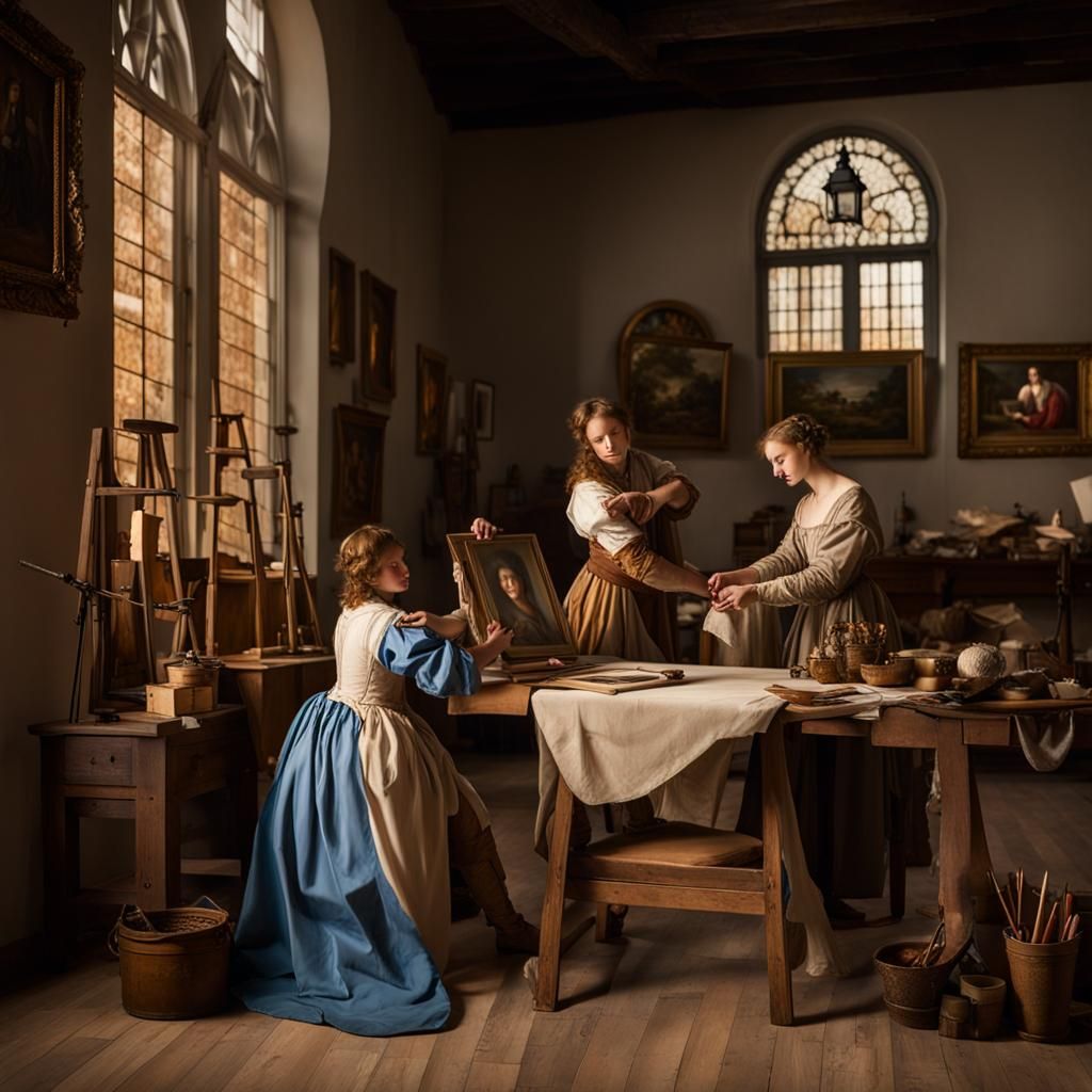 Renaissance Artist's Workshop with Paintings and Sculptures