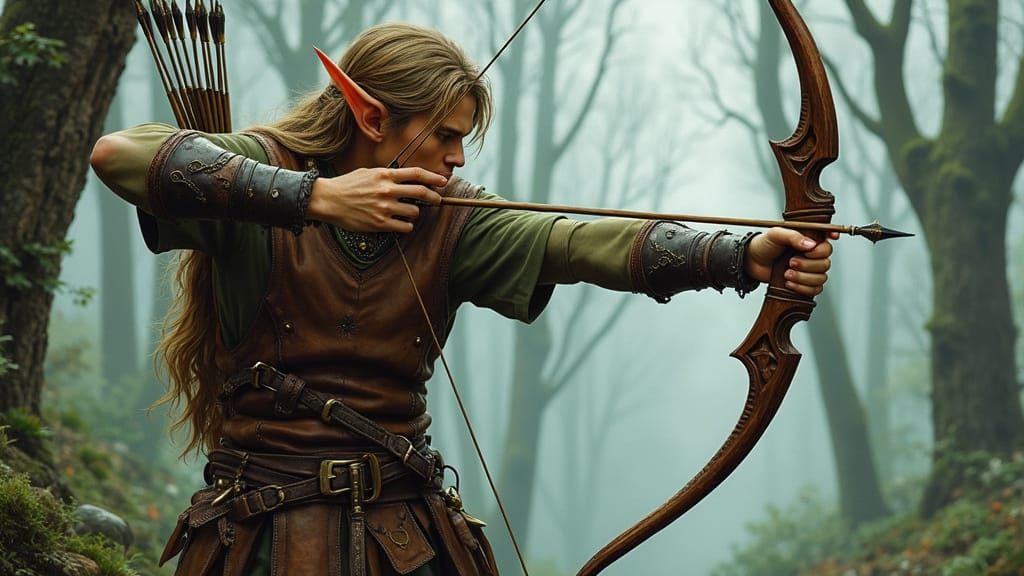 Elf Archer in Misty Forest, in Fantasy Illustration Style