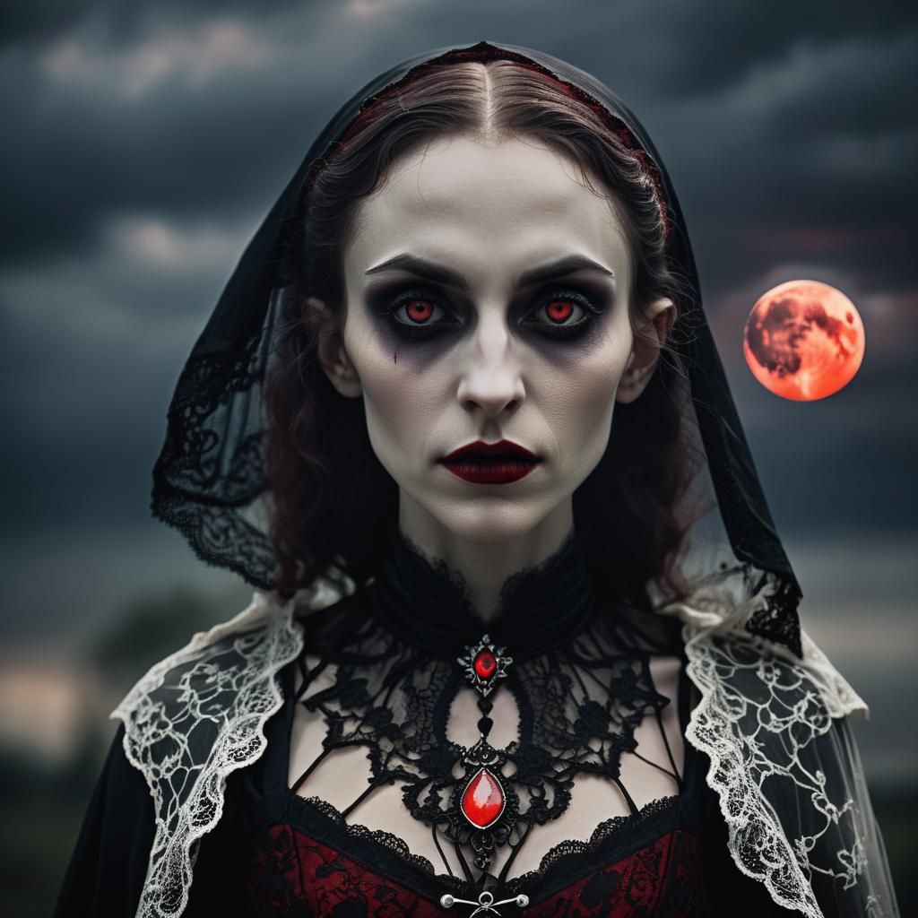 A young female Nosferatu vampire in a eerie state, flowing g...