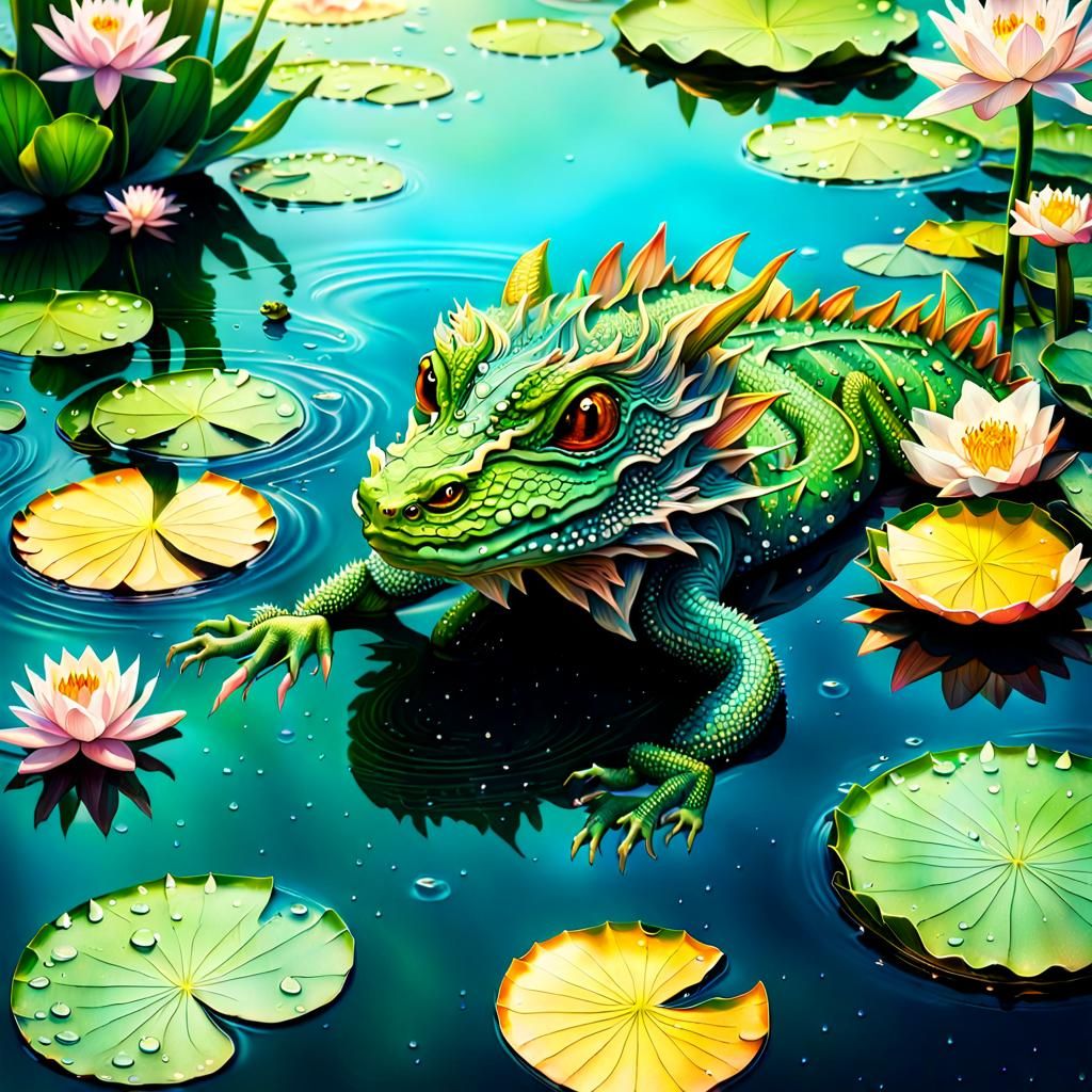 Baby Water Dragon in Lotus Pond, Hyperrealistic Art