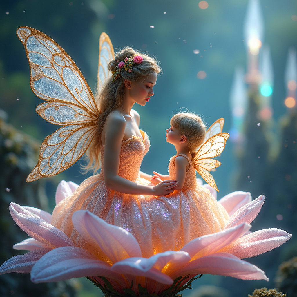Ethereal Fairy Mother and Child on Luminous Flower