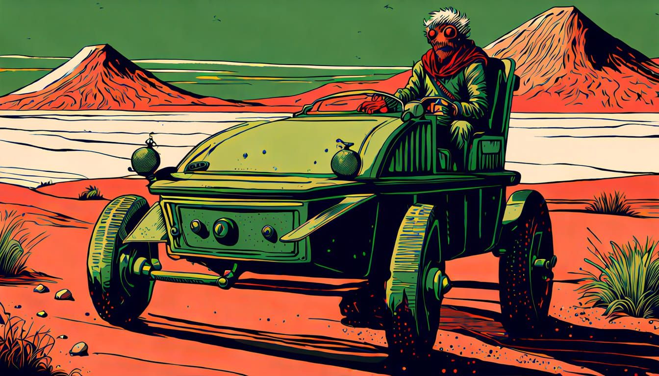 Surreal Alien Rides Tarnished Land Speeder in Bold Stylizati...