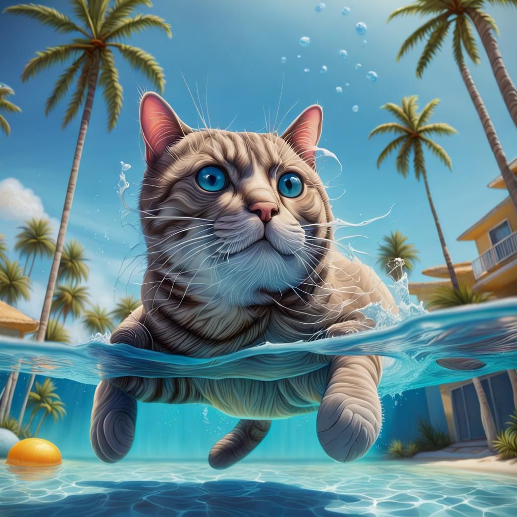 Hyperrealistic cat swimming