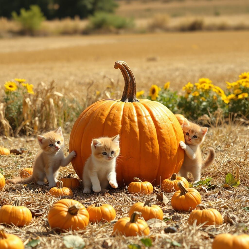 Fluffy Kittens Dancing Around Enormous Pumpkin