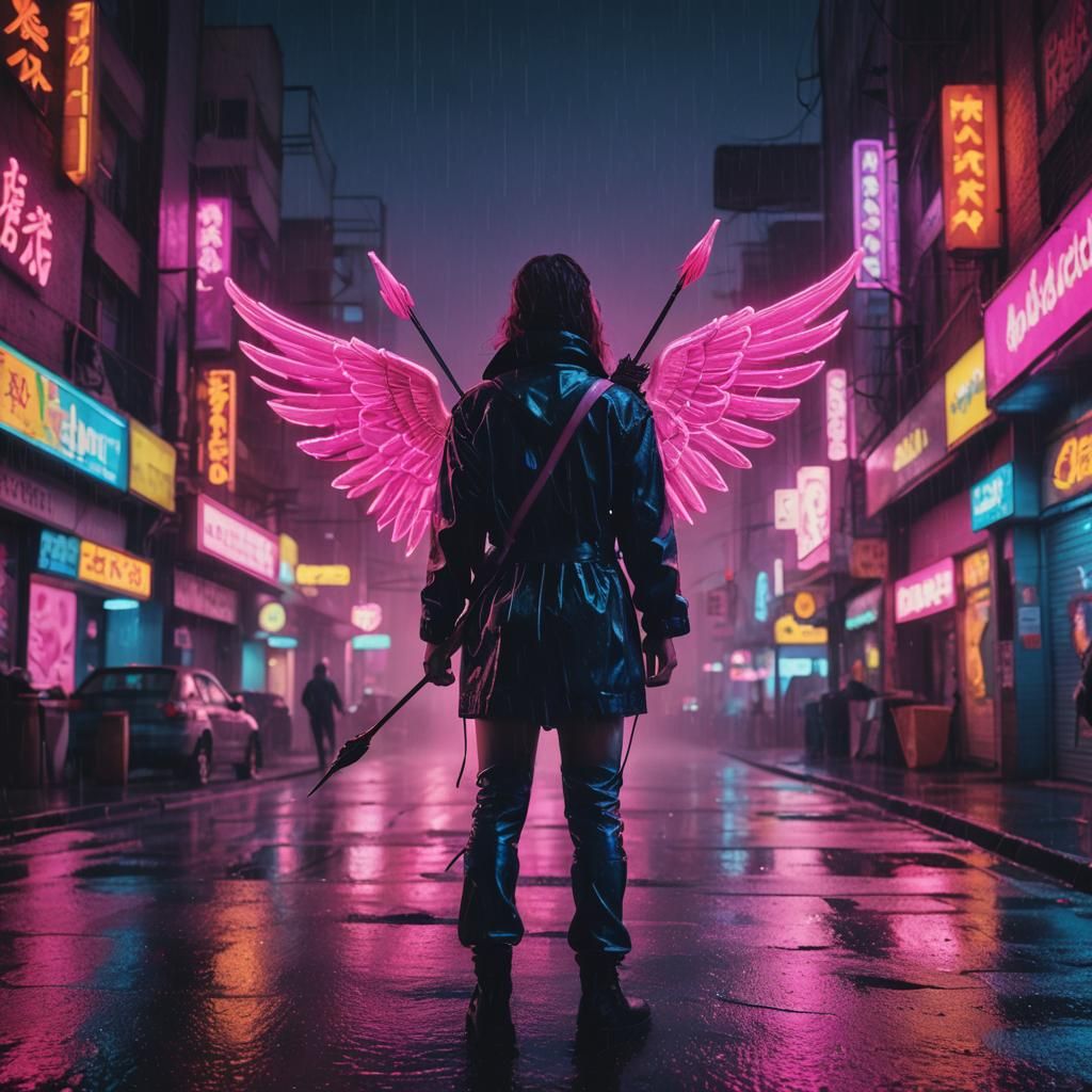 Neon Retro Cityscape: Winged Woman and Arrow Man