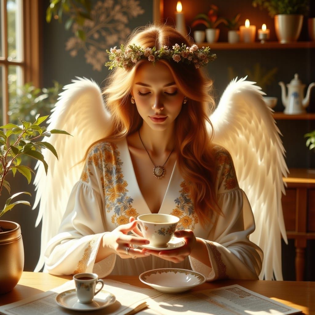 Ethereal Angel Enjoying Coffee in Dreamy Cafe