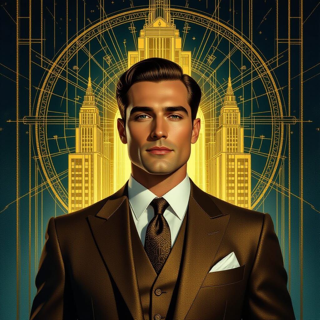 Art Deco Man in Bronze Suit with Golden Accents