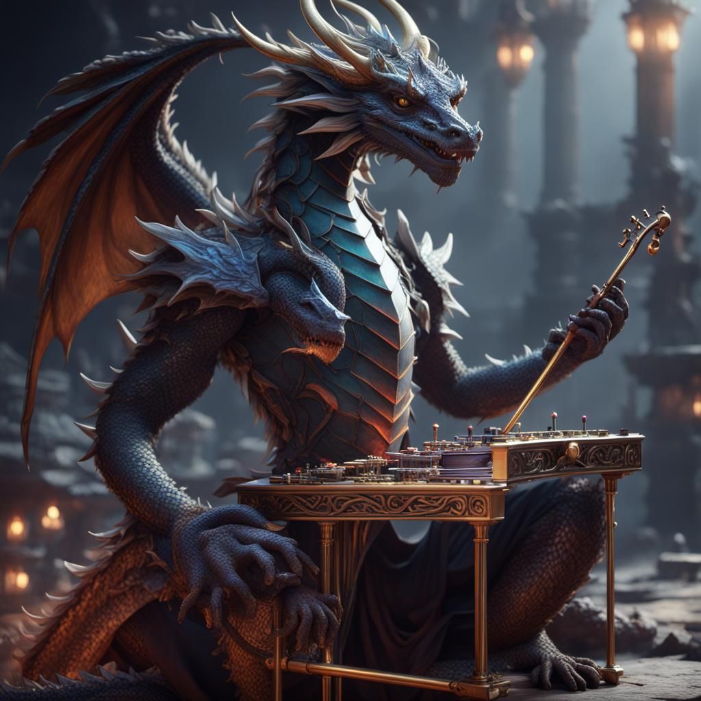 Dragon Plays Triangle: Detailed Fantasy Art