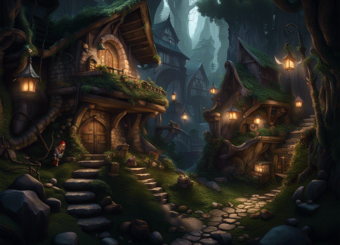 Gnome Village: Enchanted Forest Enclave in Dark Fantasy Styl...