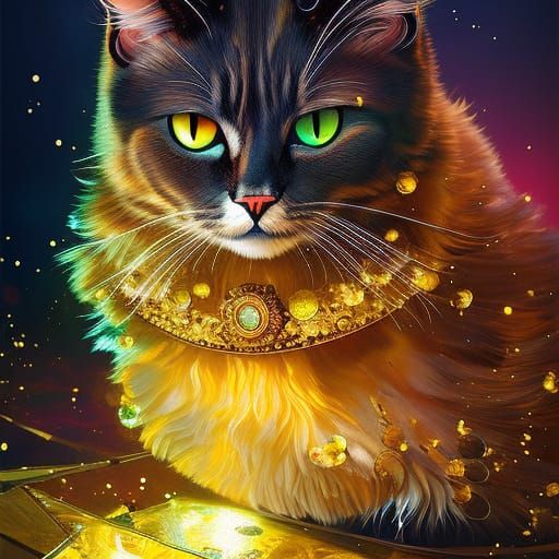 Angry Cat with Gold Sparkles, Digital Illustration