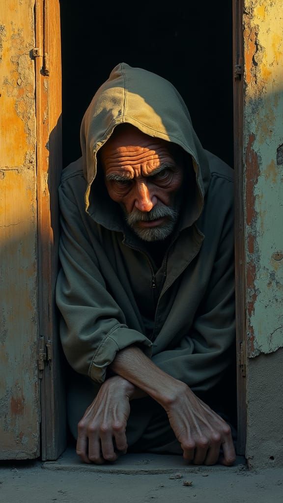 Exhausted Man at Doorway in Dramatic Lighting