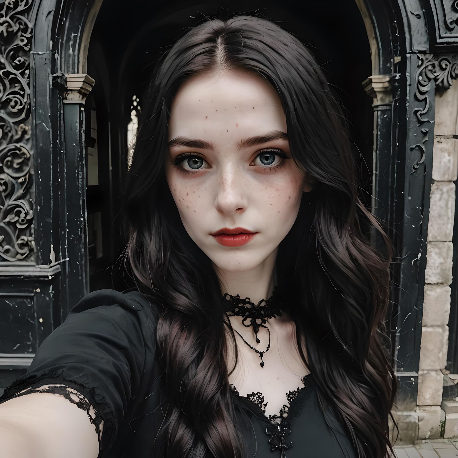 Gothic Selfie: Woman in Black Dress, Dark Eyes