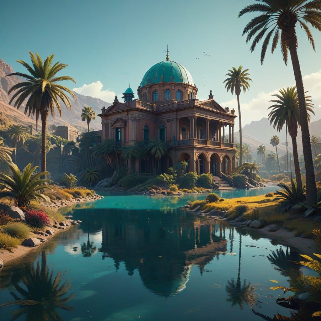 Dreamlike Desert Oasis with Majestic Architecture