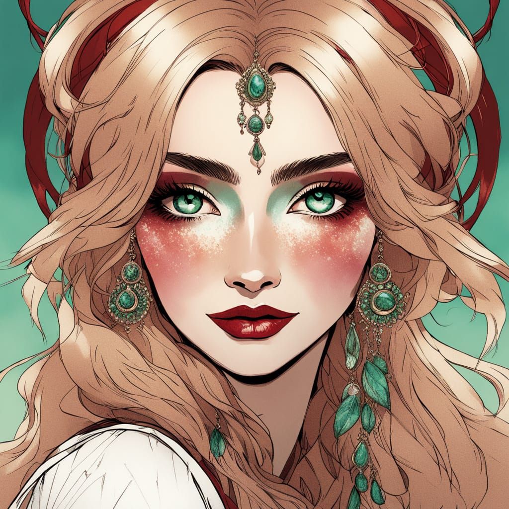 Surreal Indian Goddess with Amber Skin and Strawberry Blonde...