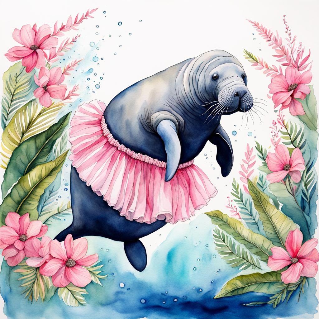 Manatee in Pink Tutu: Watercolor Ink Drawing