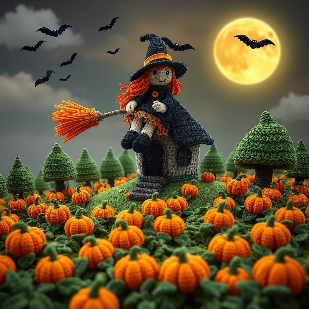 Whimsical Crochet Witch on Broom Digital Art
