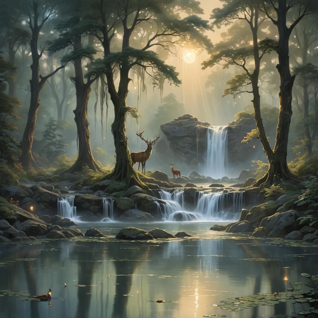 Mystical Waterfall Scene with Deer, Dark Fantasy Style