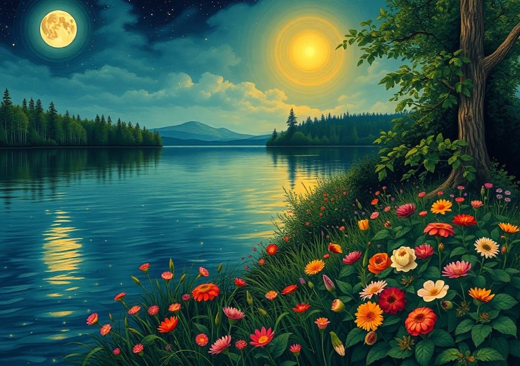 Swedish Lake in Midsummer Night as Ornate Mosaic