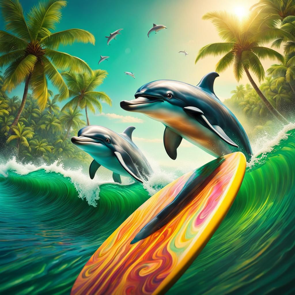 Dolphins Surfing Tropical Waves in Splash Art Style