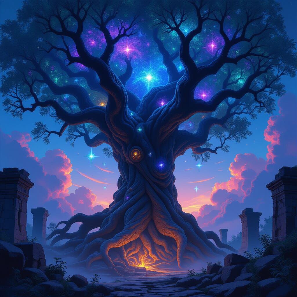 Ancient Cosmic Tree in Forgotten Ruins