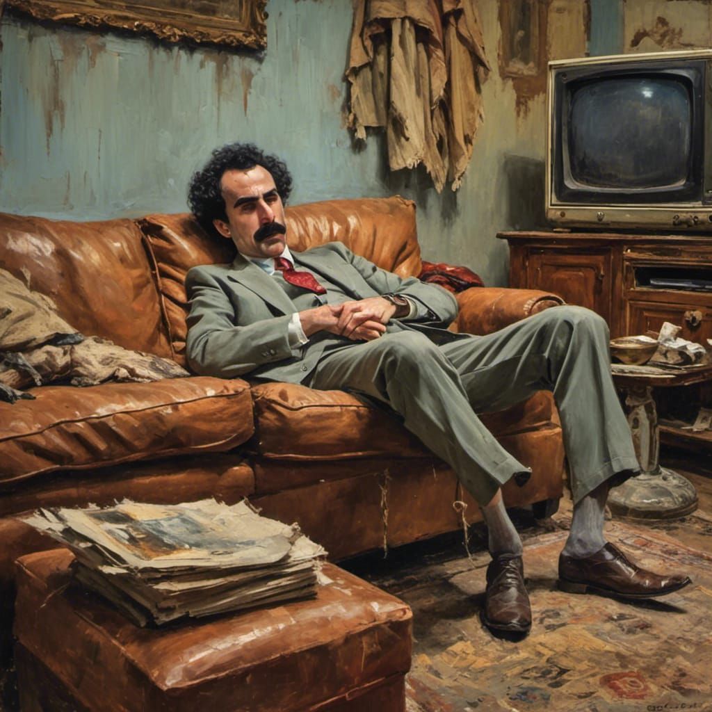 Borat sleeping on the couch in the living room with the tv r...