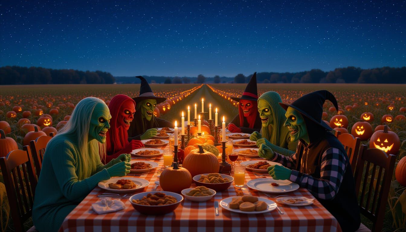 Harvest Festival Feast With Scary Creatures Under Starry Nig...