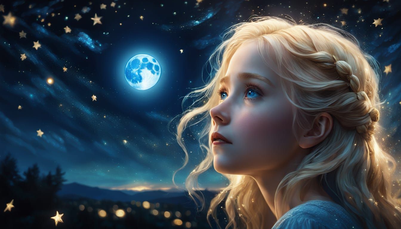 Girl Stares at Moonlit Sky in Oil Painting Style