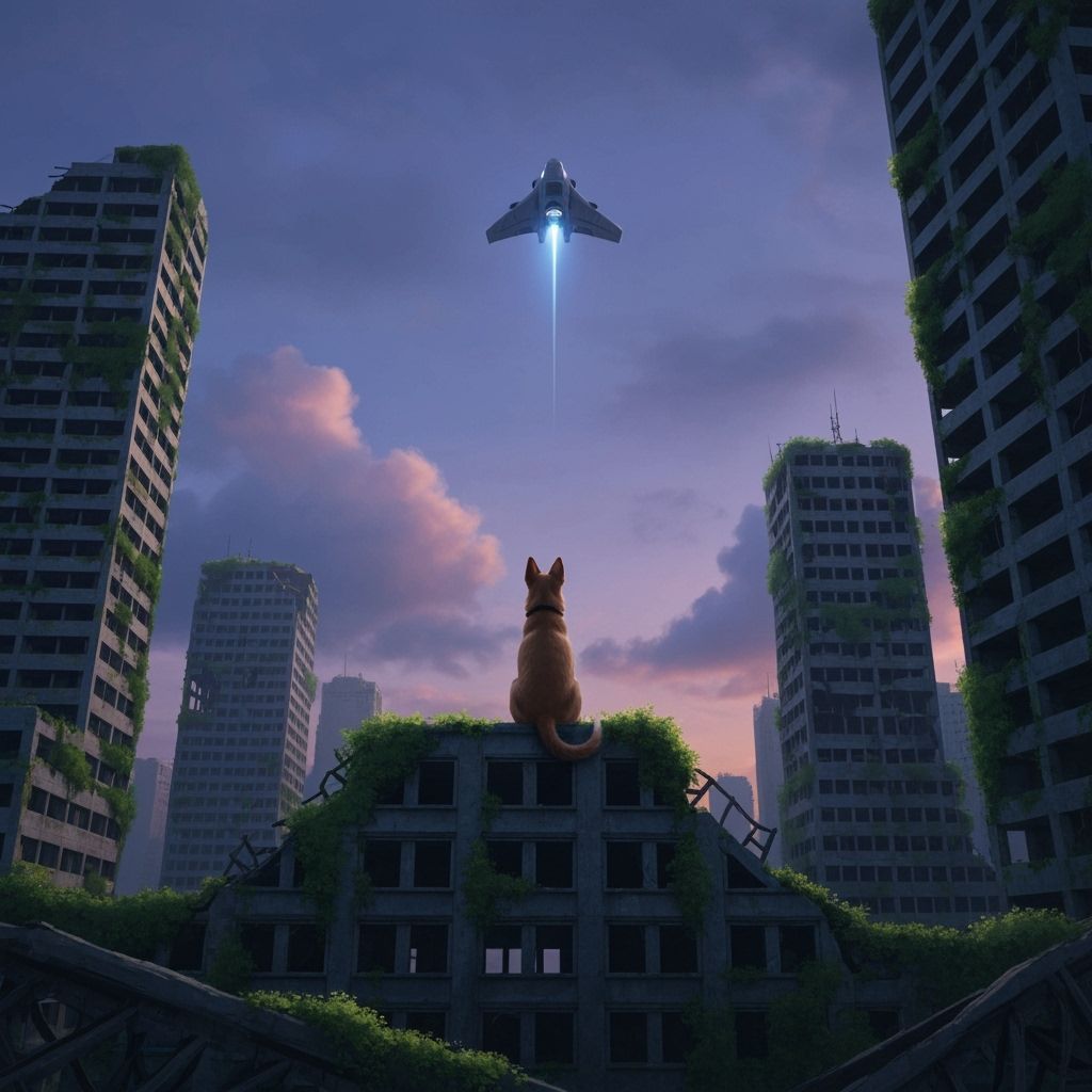Resilient Dog Watches Spaceship Launch From Ruined City