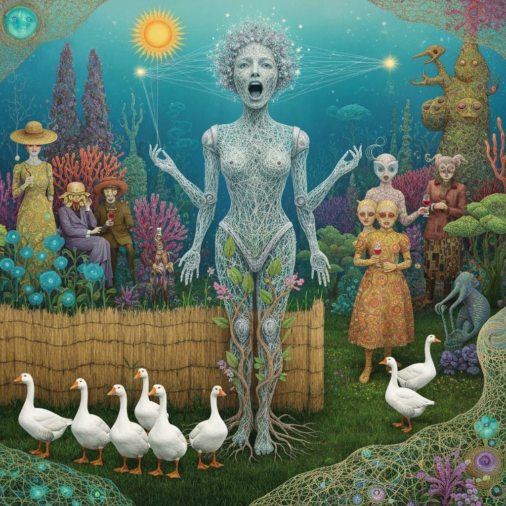 Folkloric Robot with Twins in Surreal Eco-Art Garden