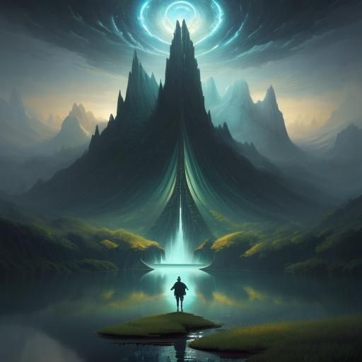 Ethereal Figure Gazing Across Celestial Pond