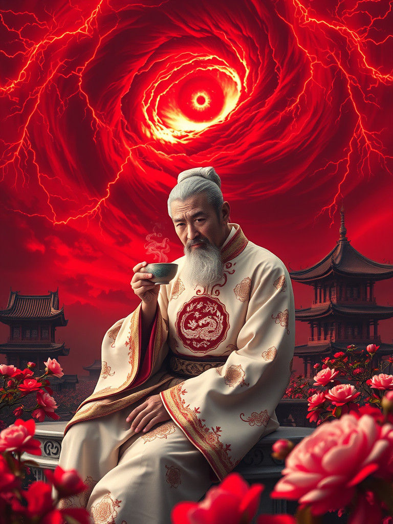 Chinese Scholar Sipping Tea Amidst Apocalyptic Hurricane