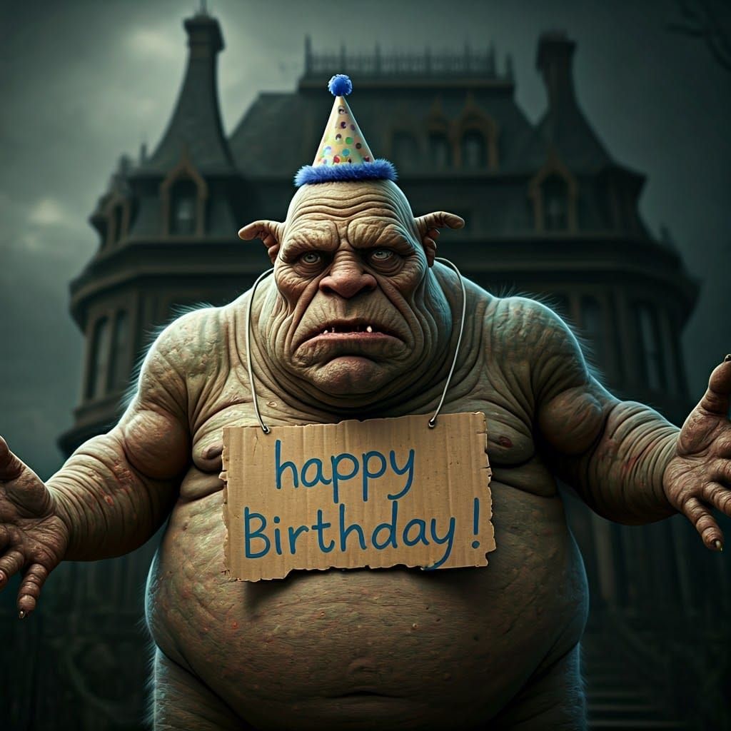Sad Ogre Celebrates Birthday in Victorian Setting