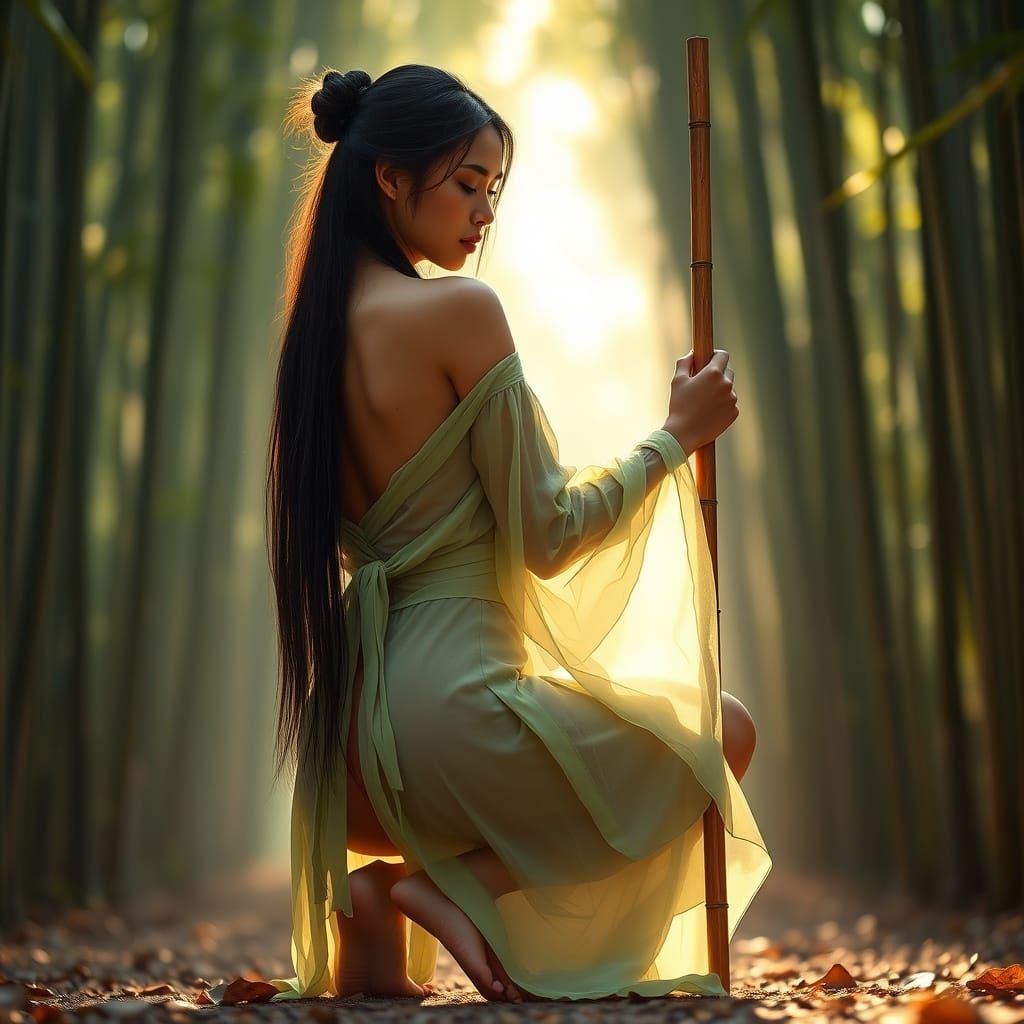 Serene Bamboo Goddess in Bronze and Green