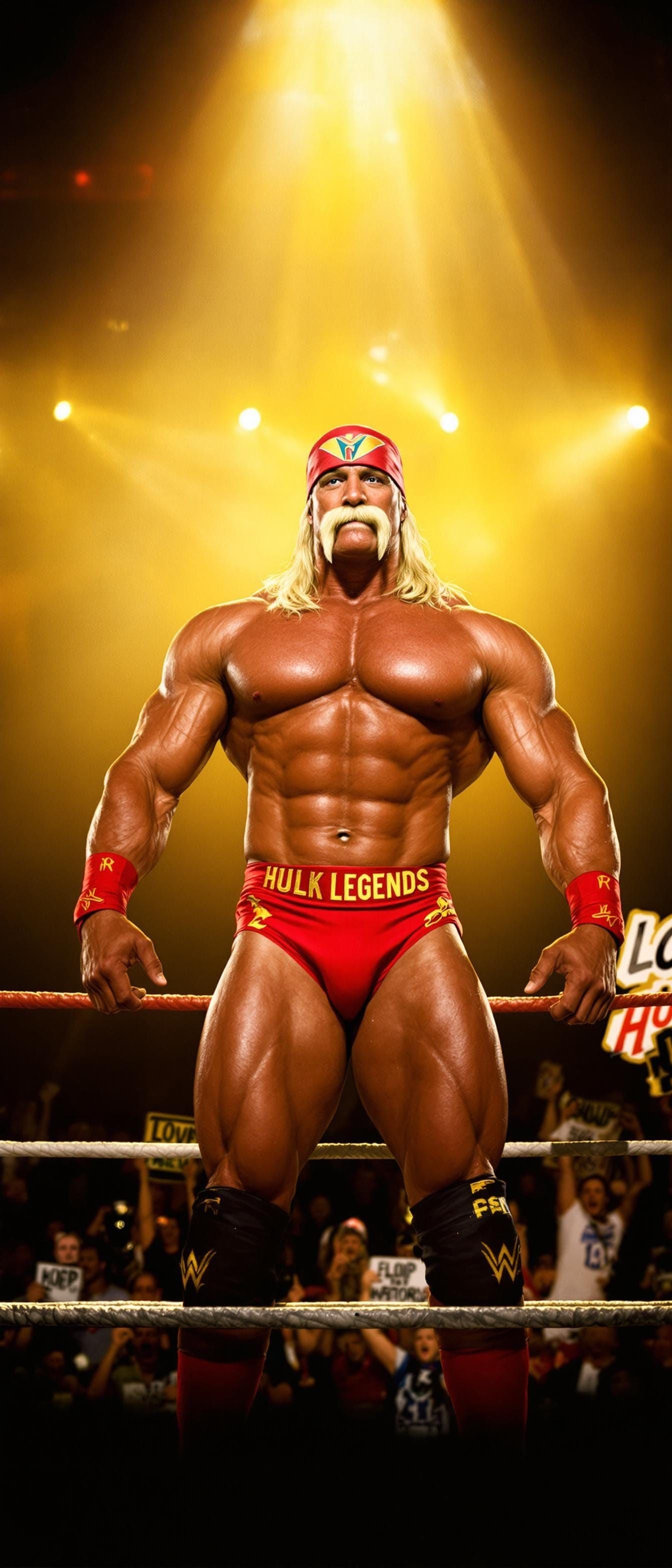 Hulk Hogan Flexing in Ring Surrounded by Fans