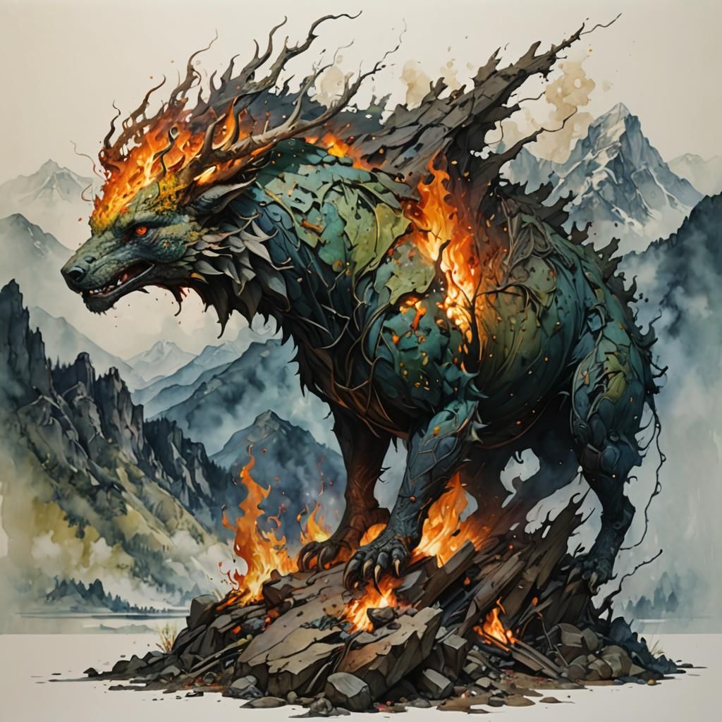 Fire Elemental Sculpture with Mountain Background