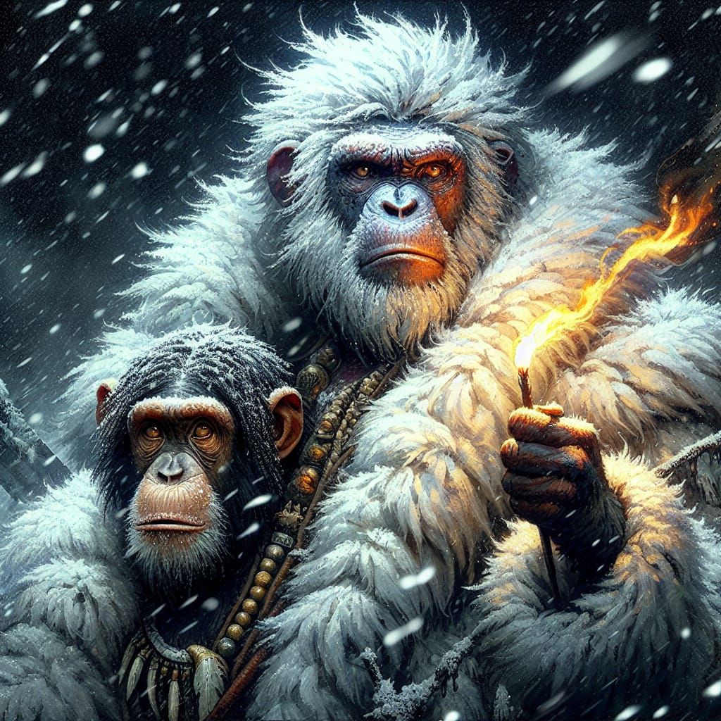 Chimpanzee in Frosty Snowstorm, Grand Fur Coat, Orangutan Co...
