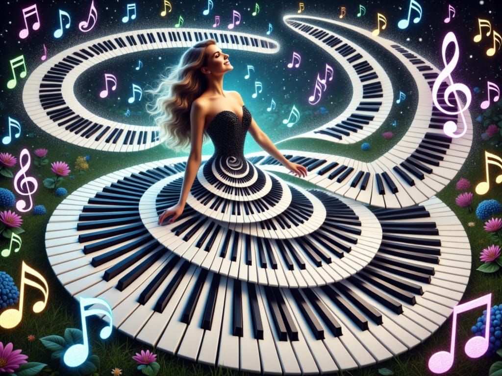Enchanted Melody: A Young Woman's Dreamlike Piano Dress