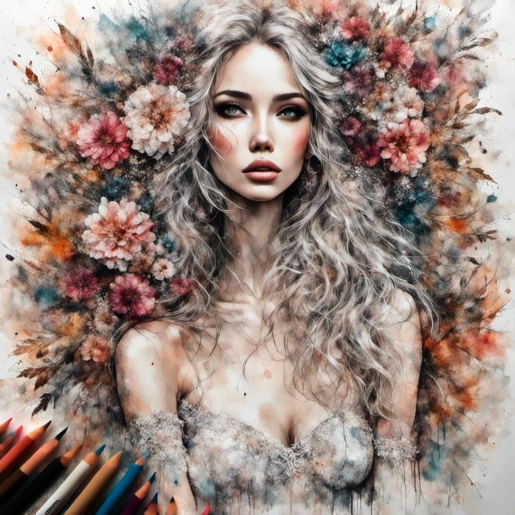 Fairy Bride Holding Bouquet in Colored Pencil Sketch