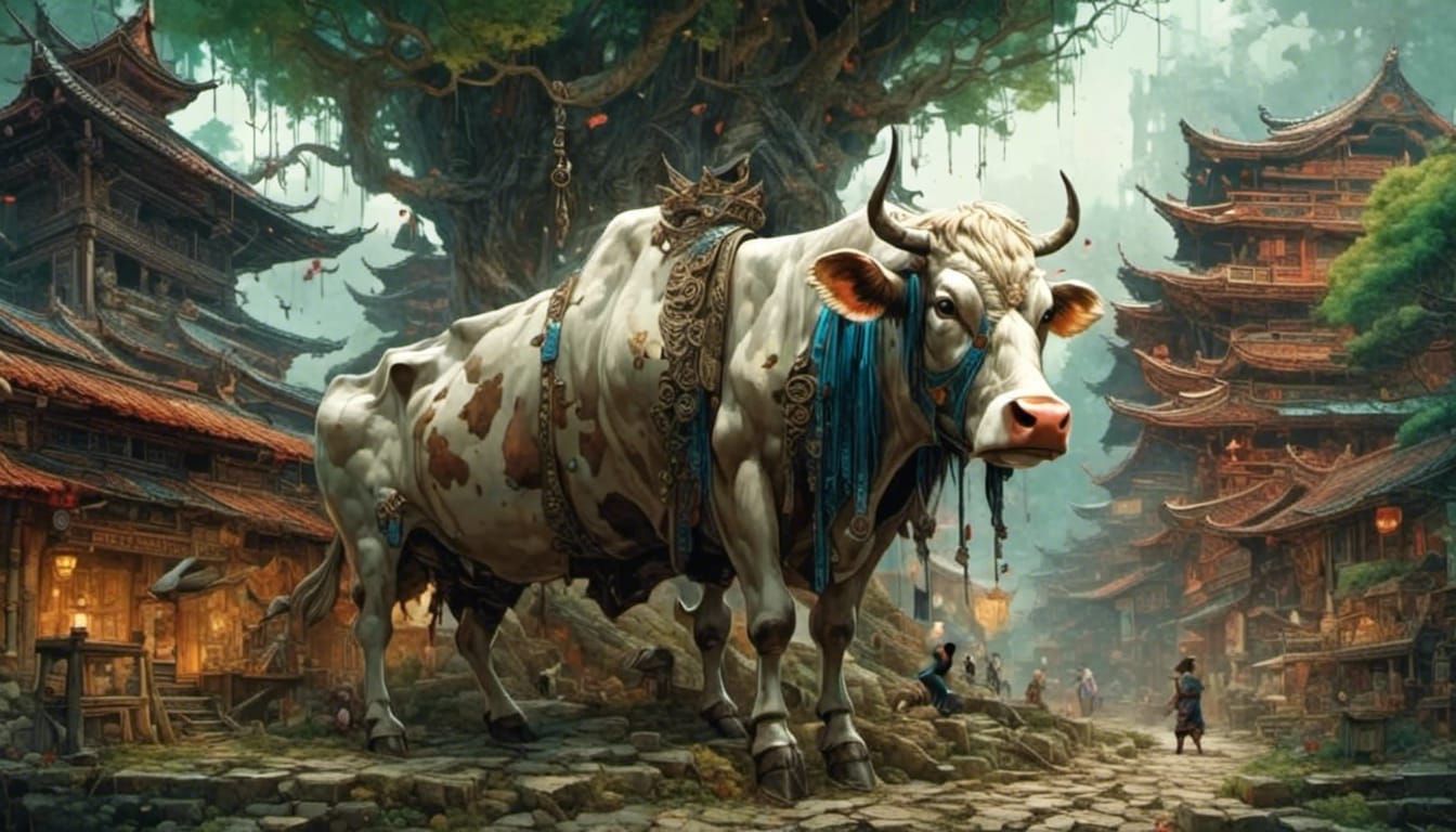 Dark Fantasy Cow Statue and Inn Illustration