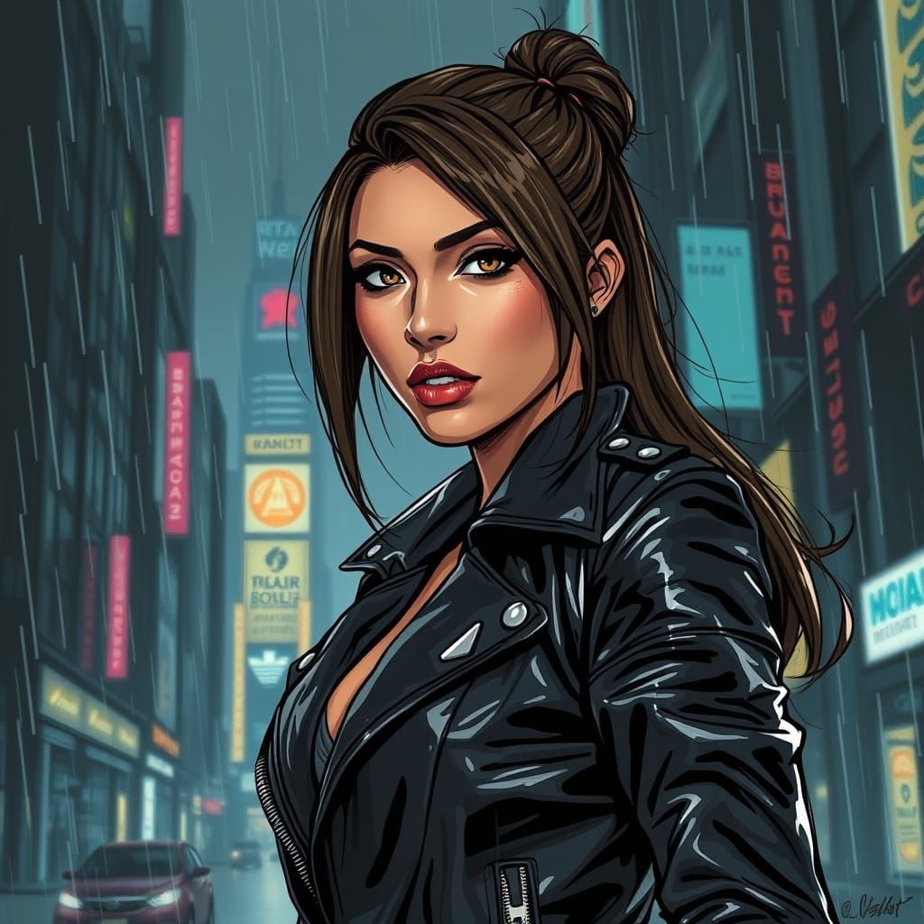 Cyberpunk Woman in Rainy Cityscape Portrait