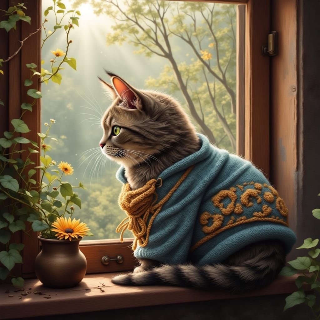 Cozy Cat on Windowsill in Storybook Style