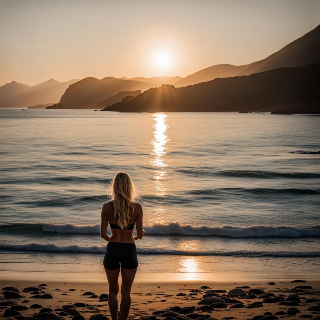 Confident Blonde Woman in Sportswear on Sunny Beach