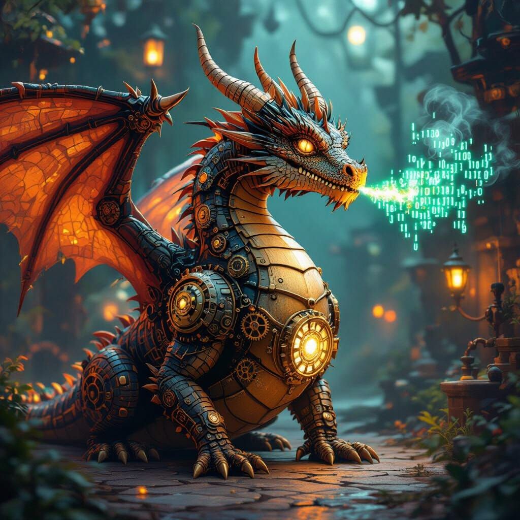 Steampunk Dragon Exhaling Binary Code