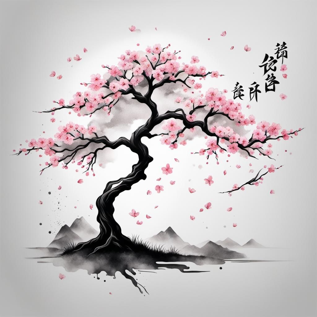 Ethereal Cherry Blossom Tree Tattoo Design