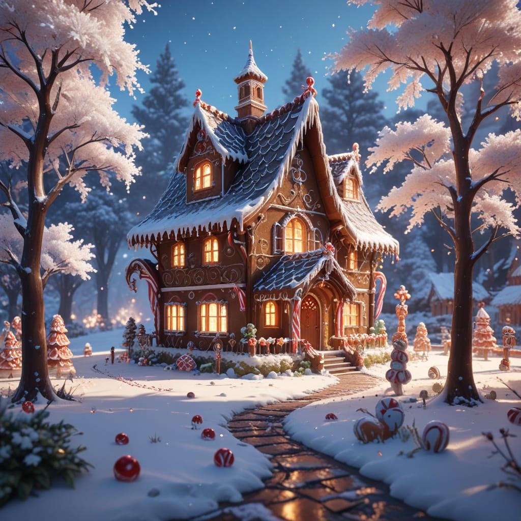 Surreal Winter Gingerbread Mansion in Vibrant Anime Style