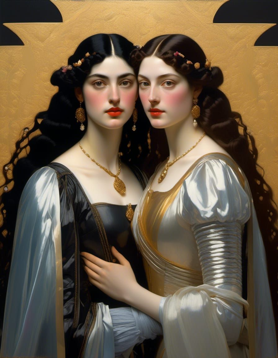 Lesbian Couple Embrace in Oil Painting Style