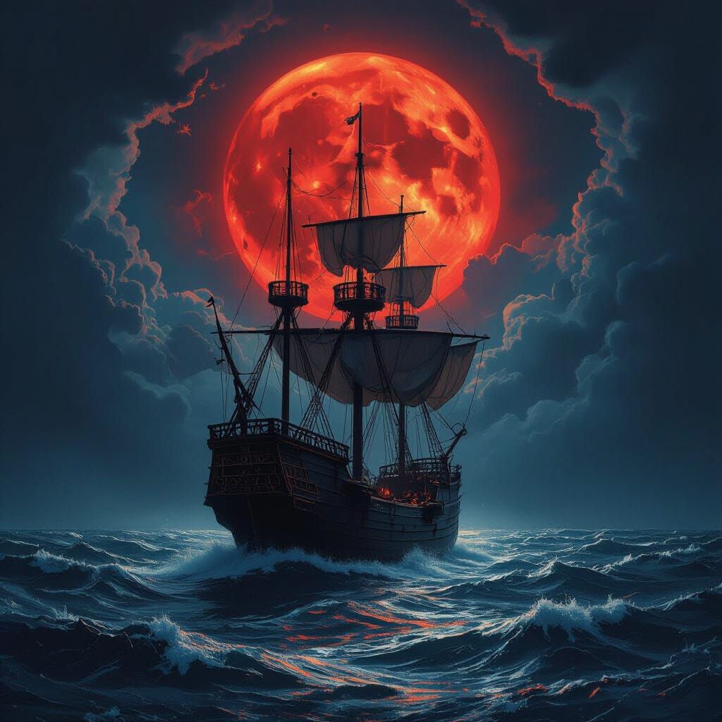 Galleon Sinks Under Ominous Red Moon