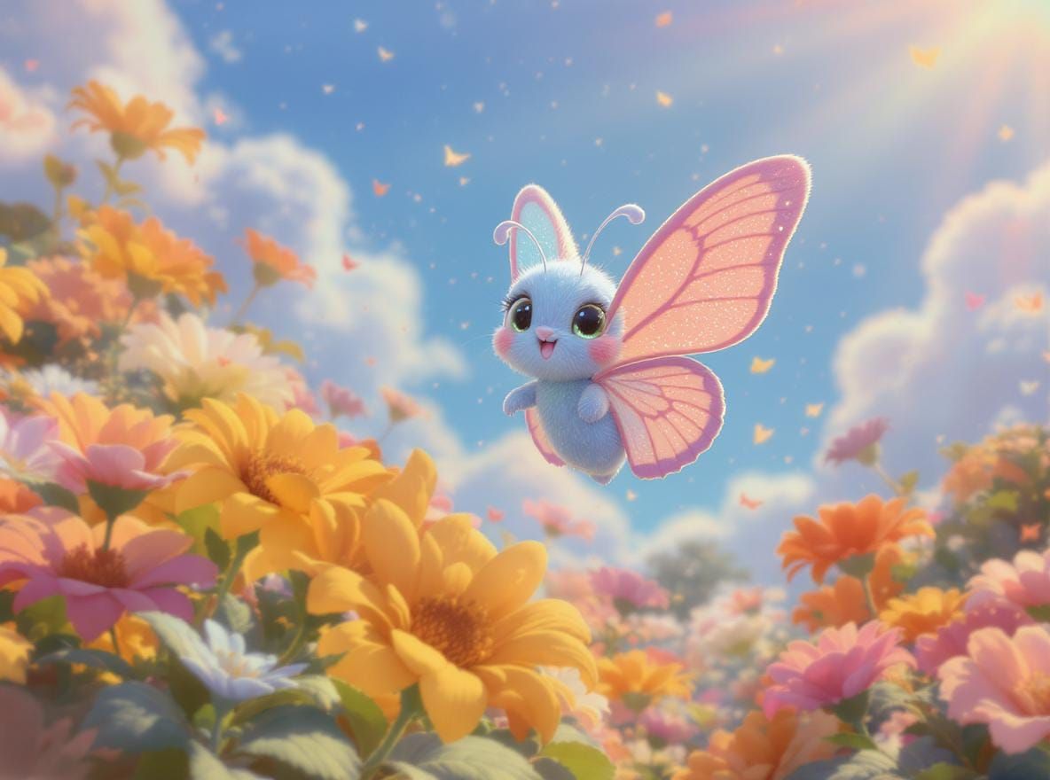 Chibi Butterfly Amongst Flowers in 3D Pixar Style